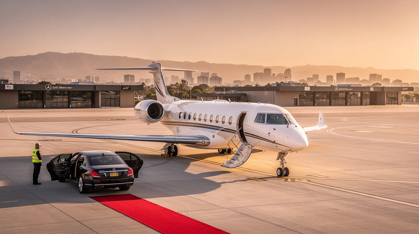 The image depicts a sleek private jet on the tarmac, ready for takeoff, symbolizing the luxury and convenience of private aviation for corporate travel. With competitive rates and a dedicated crew, this aircraft offers clients seamless access to their ideal destinations, ensuring a comfortable and efficient flying experience.