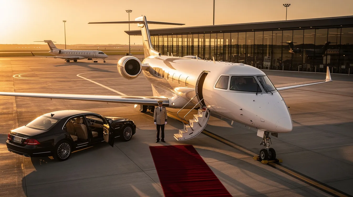 The image depicts a luxurious private jet interior, showcasing a quiet cabin with plush business class seats designed for maximum comfort during flights. This engineering marvel, reminiscent of commercial flight innovations, offers a serene environment for passengers to relax or work while soaring through the skies.