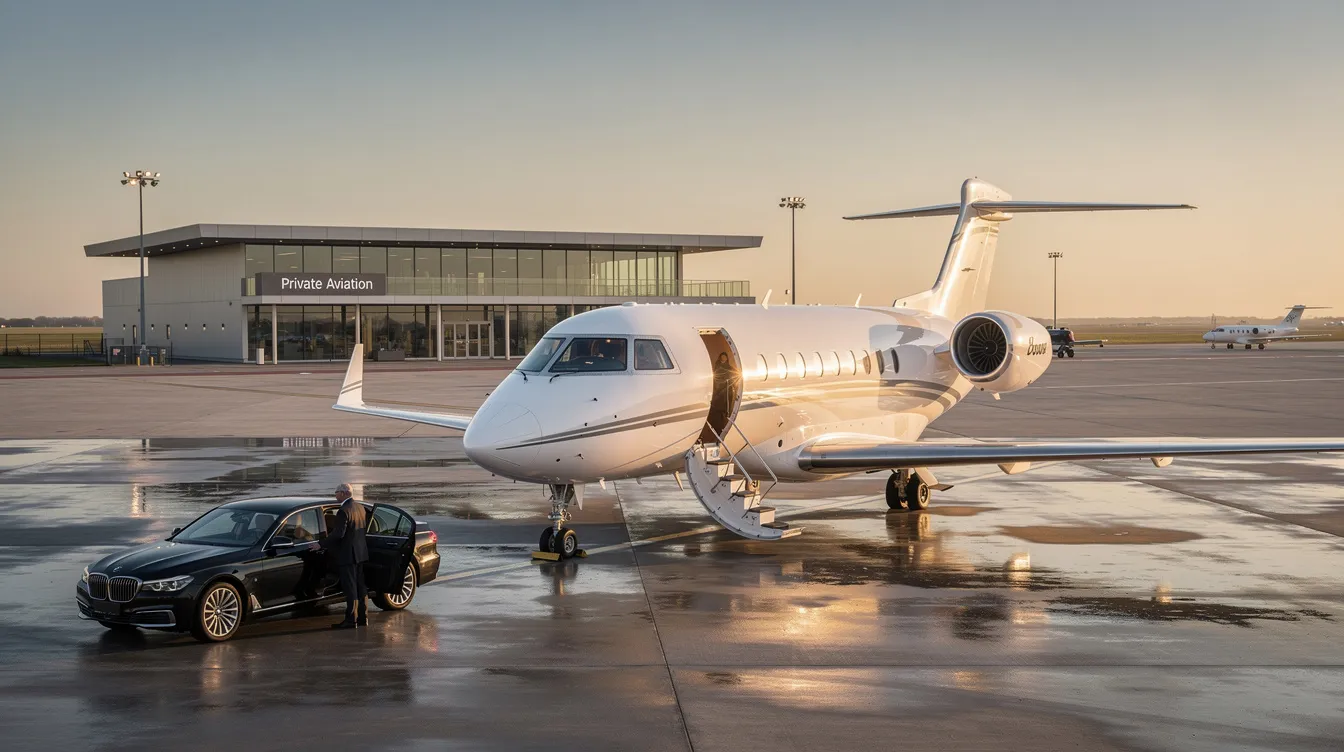 The image depicts a sleek, latest model private airplane on the runway, showcasing its conventional landing gear and aerodynamic wings. In the cockpit, pilots prepare their flight plan, ready for takeoff as they engage in flight training to ensure safety and performance during their mission.