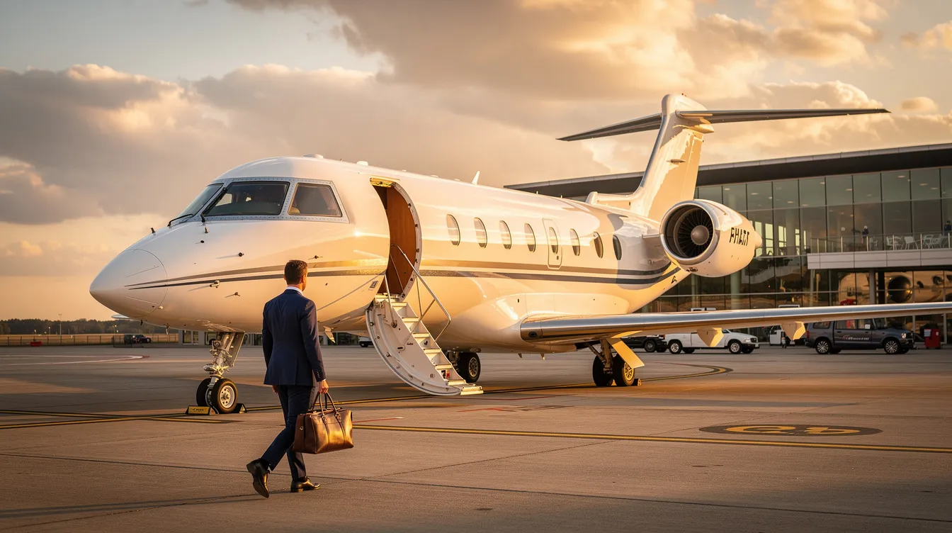 The image depicts a sleek, latest model private airplane on the runway, showcasing its conventional landing gear and aerodynamic wings. In the cockpit, pilots prepare their flight plan, ready for takeoff as they engage in flight training to ensure safety and performance during their mission.