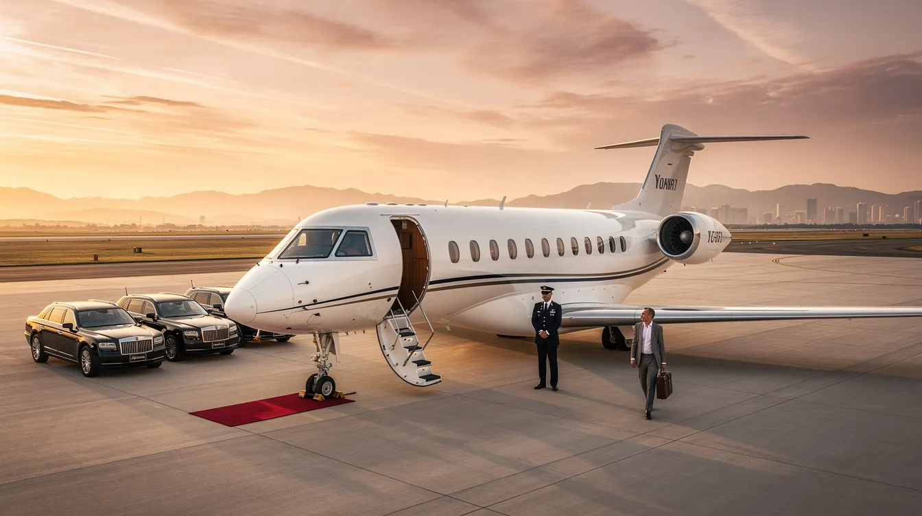 The image depicts a luxurious private jet interior, showcasing a spacious cabin designed for relaxation and comfort, with plush seating for up to eight passengers and elegant dining areas. This private aircraft exemplifies the high performance and comfort of business aviation, making it an ideal choice for those seeking a premium private jet flight experience.