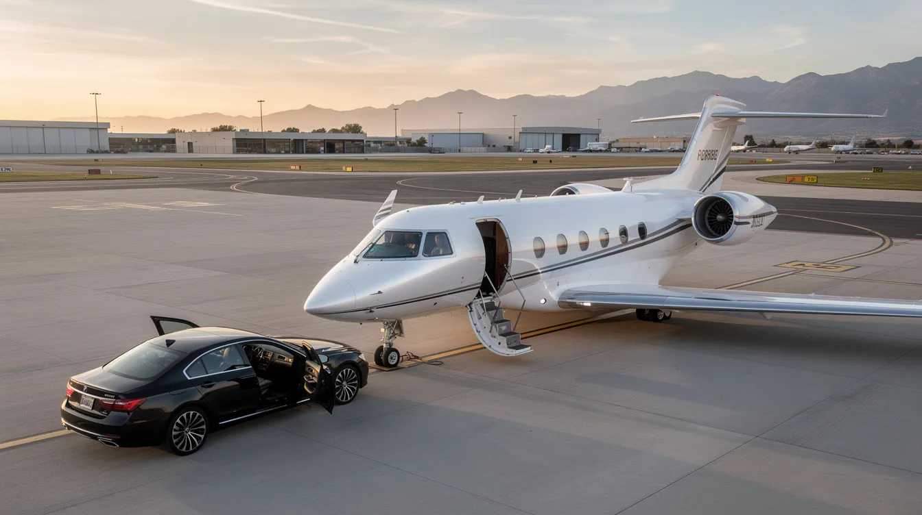 The image showcases a luxurious private aviation experience, featuring a spacious first-class cabin with lie flat seats and a fully enclosed suite for ultimate comfort. Passengers enjoy excellent service and a dine on demand menu, making their journey truly exceptional.