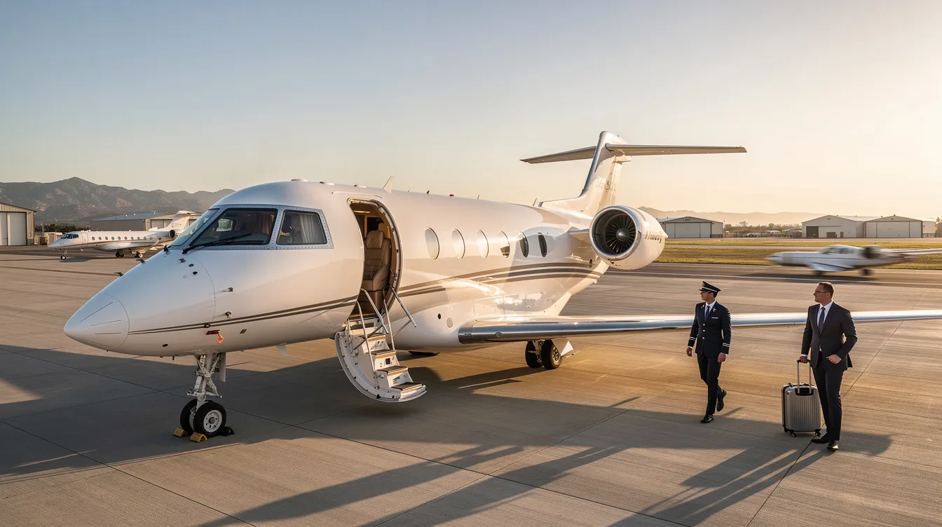 The image depicts a spacious cabin of a private aircraft designed for family travel, showcasing comfortable seating and ample room for luggage. This family-friendly plane is ideal for longer trips, emphasizing safety features and advanced technology for an enjoyable flying experience.