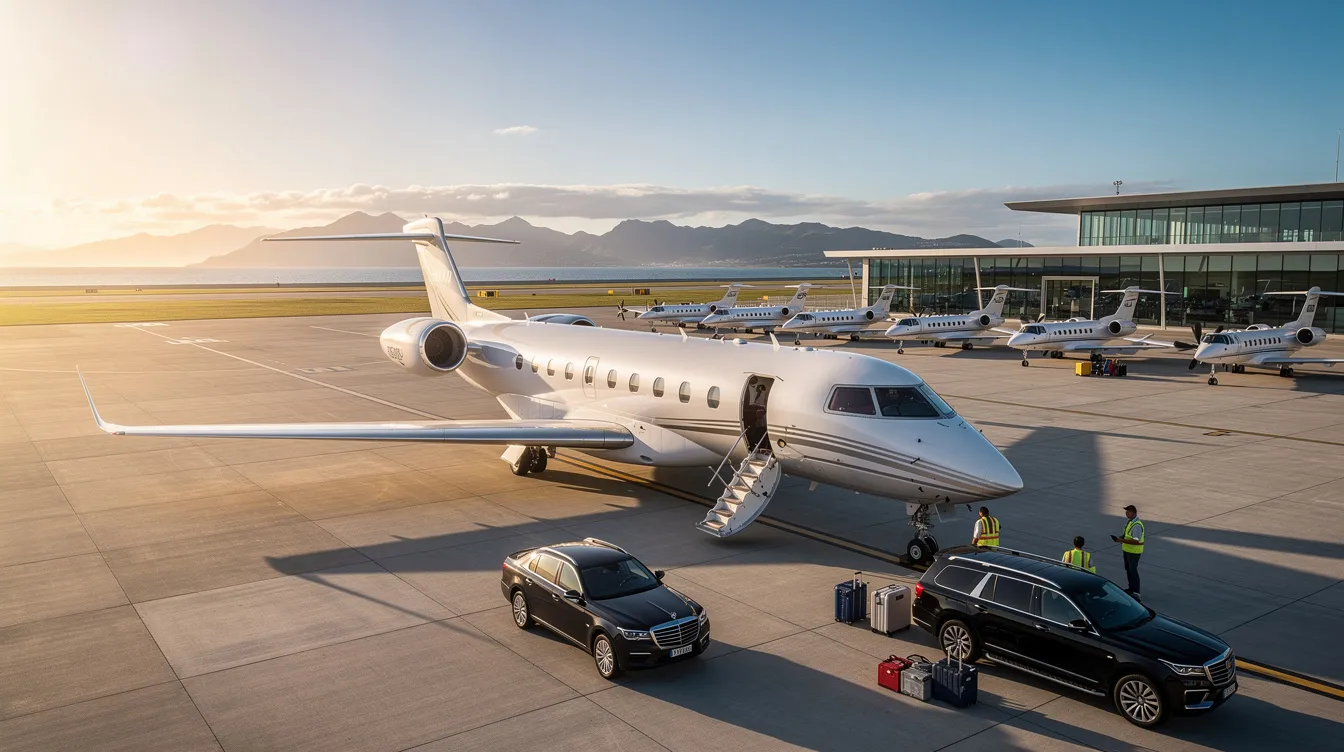 The image showcases a luxurious private jet interior, featuring a spacious cabin with advanced entertainment systems and a fully equipped galley. This setting exemplifies the unparalleled luxury and comfort that private aviation offers to business and leisure travelers alike.