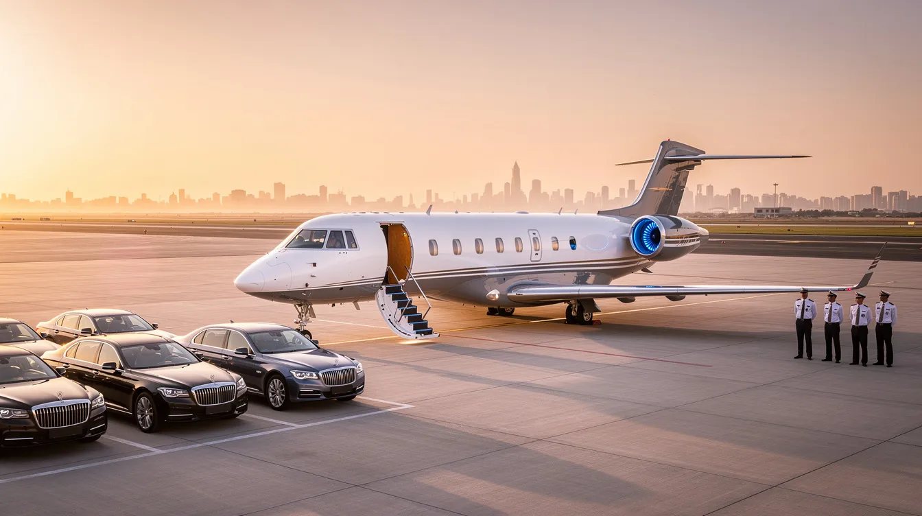 The image showcases a luxurious private jet interior, featuring a spacious cabin with advanced entertainment systems and a fully equipped galley. This setting exemplifies the unparalleled luxury and comfort that private aviation offers to business and leisure travelers alike.