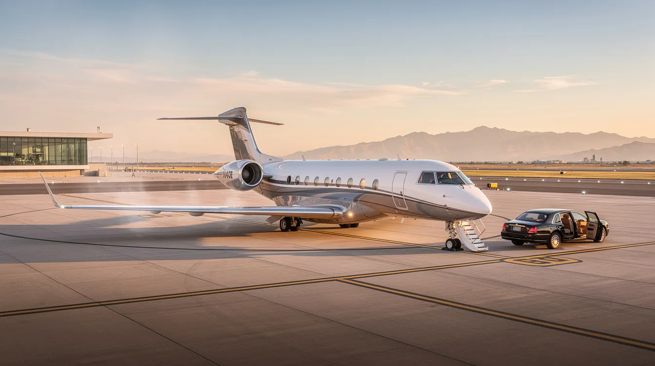 The image showcases a luxurious private jet interior, featuring a spacious cabin design with customizable layouts, advanced entertainment systems, and designated living spaces for business and leisure travel. This modern aircraft exemplifies the pinnacle of private aviation, offering unparalleled luxury and impressive range capabilities for discerning travelers.