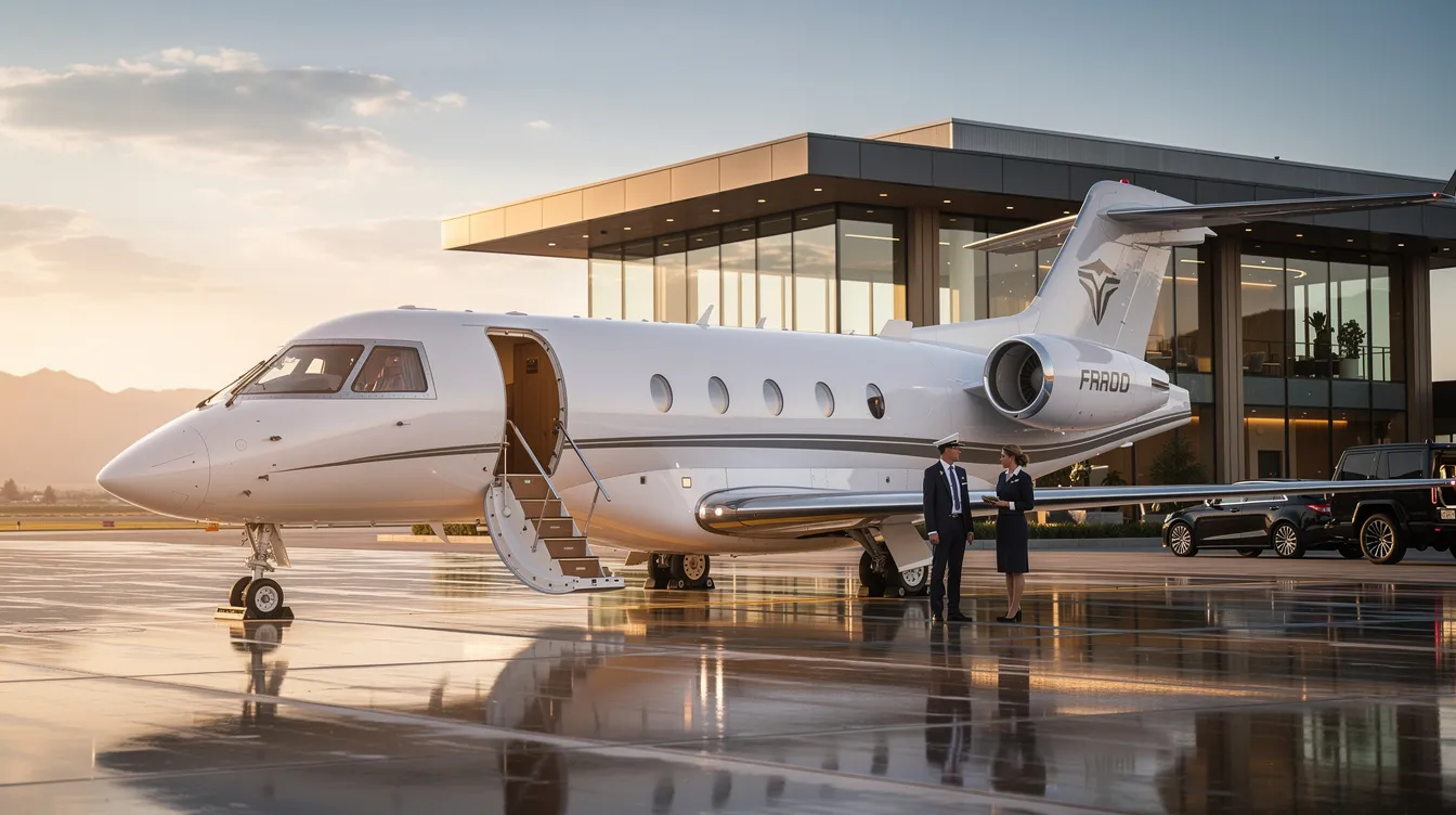 The image showcases a luxurious private jet interior, featuring a spacious cabin design with customizable layouts, advanced entertainment systems, and designated living spaces for business and leisure travel. This modern aircraft exemplifies the pinnacle of private aviation, offering unparalleled luxury and impressive range capabilities for discerning travelers.