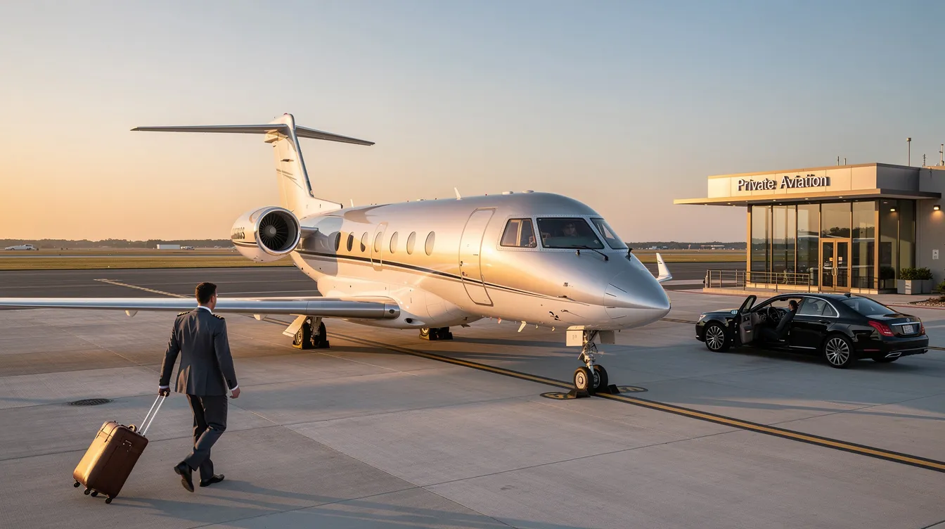 The image depicts a sleek private jet parked at a modern airport, symbolizing the luxury and convenience of private aviation. This aircraft represents the benefits of charter flights, offering direct air carrier services for those seeking efficient travel to various destinations without the hassle of commercial flights.
