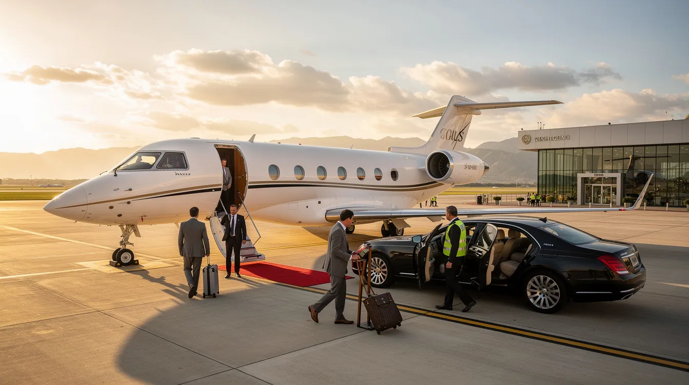 The image depicts a sleek private jet parked at a modern airport, symbolizing the luxury and convenience of private aviation. This aircraft represents the benefits of charter flights, offering direct air carrier services for those seeking efficient travel to various destinations without the hassle of commercial flights.