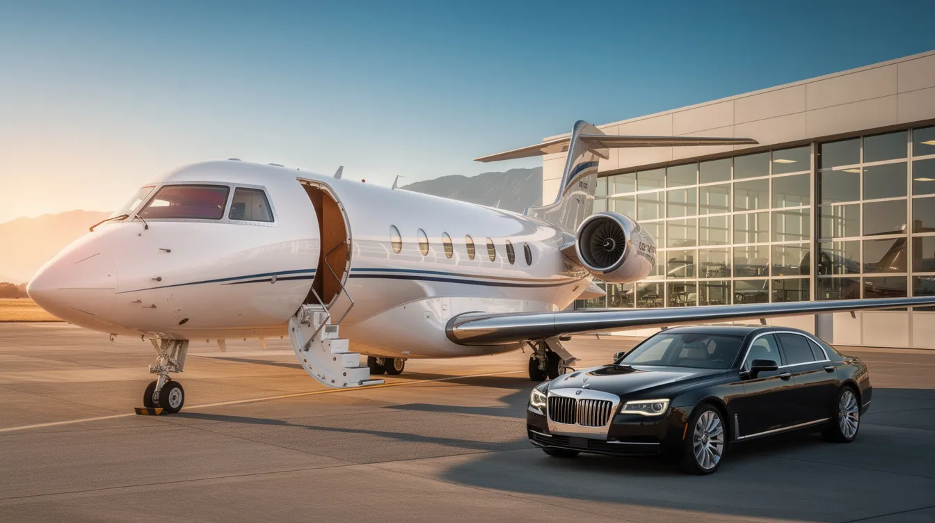 The image depicts a luxurious first class cabin in a private jet, featuring spacious lie-flat seats, elegant decor, and personalized service from flight attendants. This exclusive environment is designed for first class passengers seeking comfort and a memorable experience during their flight.