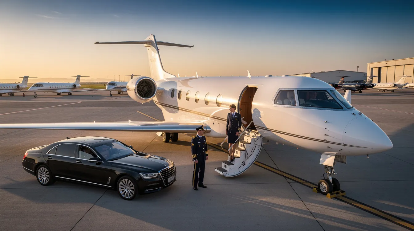 The image depicts a luxurious private aviation cabin featuring spacious first class seats that can lie flat, offering an exceptional class experience for first class passengers. The cabin is designed with sliding doors for privacy, fine china for dining, and includes access to a private lounge, showcasing the best first class airline offerings.