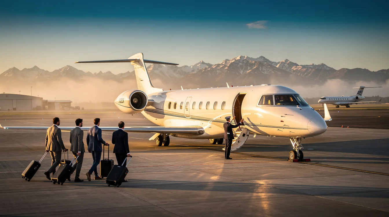 The image depicts a luxurious private aviation cabin featuring spacious first-class seats that can lie flat, offering an exceptional class experience for first class passengers. The cabin is designed with sliding doors for privacy, fine china for dining, and includes access to a private lounge, showcasing the best first class airline offerings.