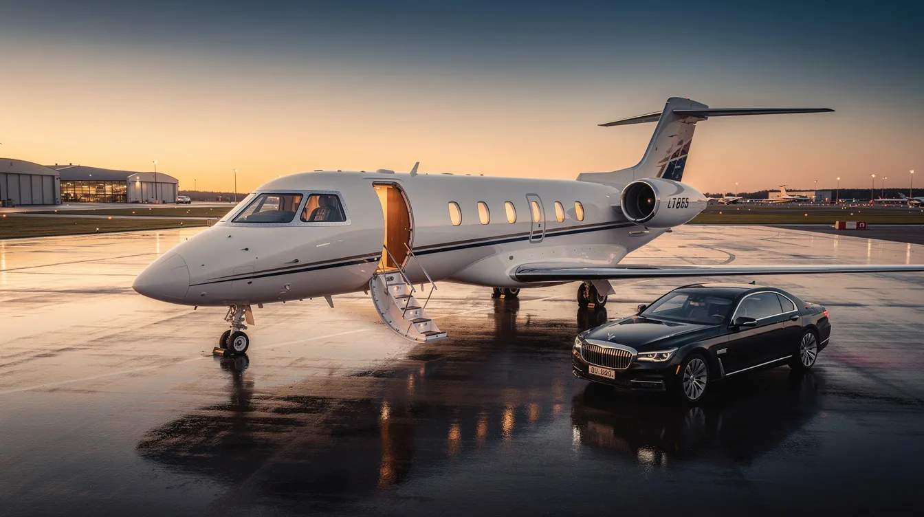 The image depicts a luxurious private aviation cabin featuring spacious business class seats with direct aisle access, designed for an exceptional flying business class experience. The interior showcases elegant decor, private suites with sliding doors, and amenities that highlight the best business class offerings from top airlines like Qatar Airways and Singapore Airlines.