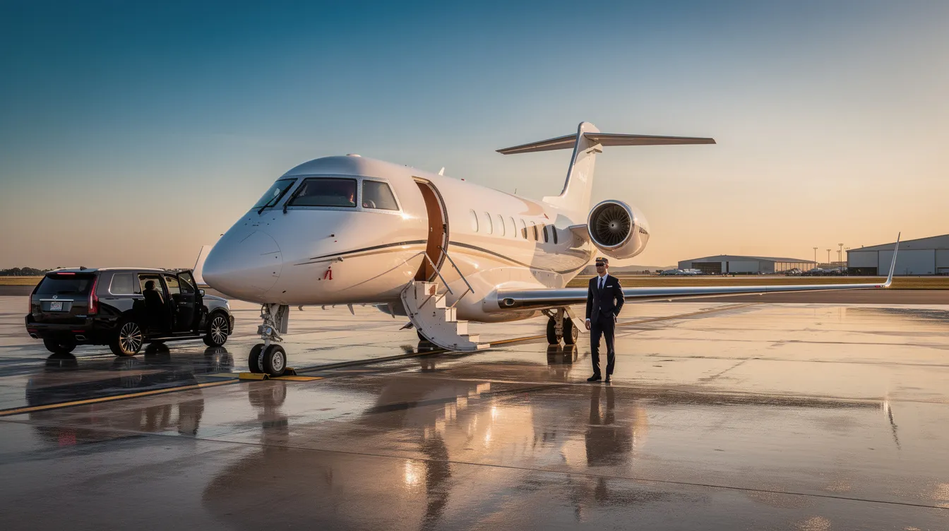 The image depicts a luxurious private aviation cabin featuring spacious business class seats with direct aisle access, designed for an exceptional flying business class experience. The interior showcases elegant decor, private suites with sliding doors, and amenities that highlight the best business class offerings from top airlines like Qatar Airways and Singapore Airlines.