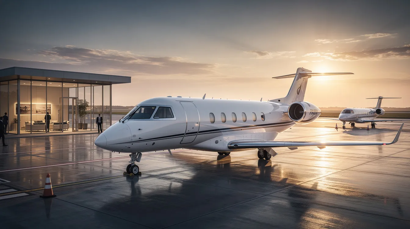 The image depicts a sleek turboprop aircraft, showcasing its propeller system and turbine engines, designed for regional aviation. This private aviation plane is ideal for short haul routes, emphasizing fuel efficiency and the ability to operate from smaller airports.