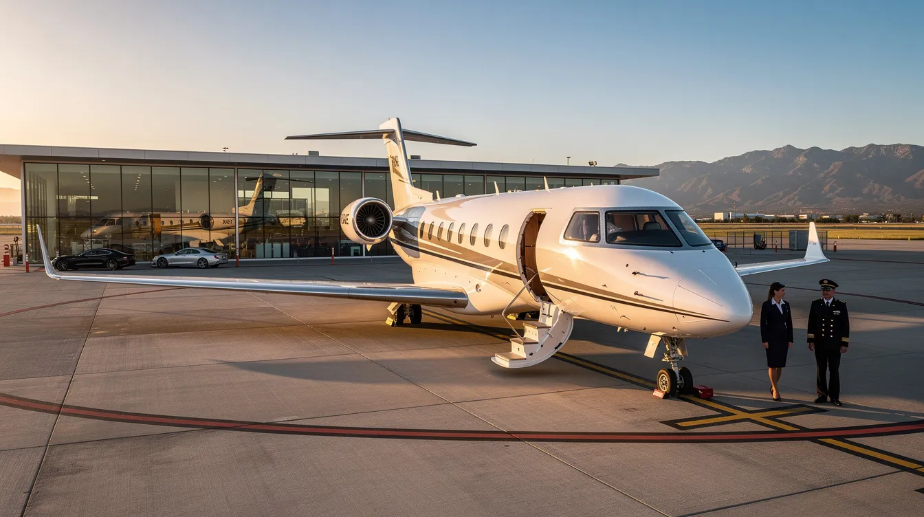 The image depicts a luxurious private aviation experience, featuring an Airbus A380 with spacious first class suites that include double beds and premium amenities. Passengers enjoy a high level of service in a well-appointed cabin, emphasizing comfort and exclusivity in air travel.