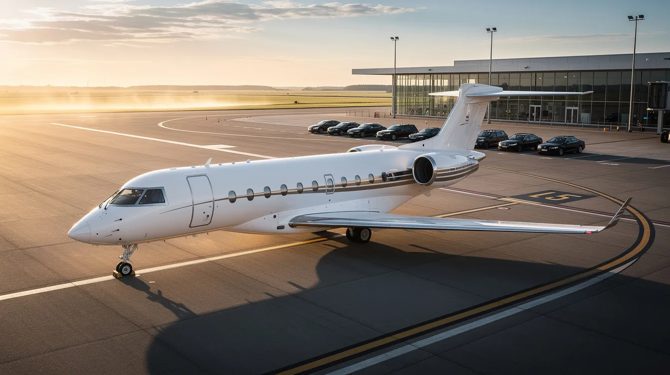 The image depicts a luxurious private aviation experience, featuring an Airbus A380 with spacious first class suites that include double beds and premium amenities. Passengers enjoy a high level of service in a well-appointed cabin, emphasizing comfort and exclusivity in air travel.