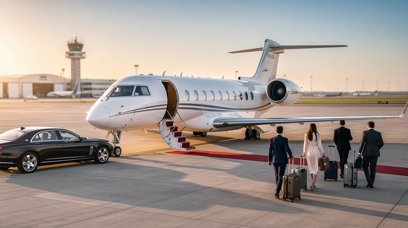 The image depicts a sleek private jet on a tarmac at a smaller airport, showcasing its spacious cabin designed for passenger comfort. This aircraft model, part of a charter operator's fleet, is ideal for corporate events and international flights, offering significant time savings and an all-inclusive experience tailored to clients' needs.