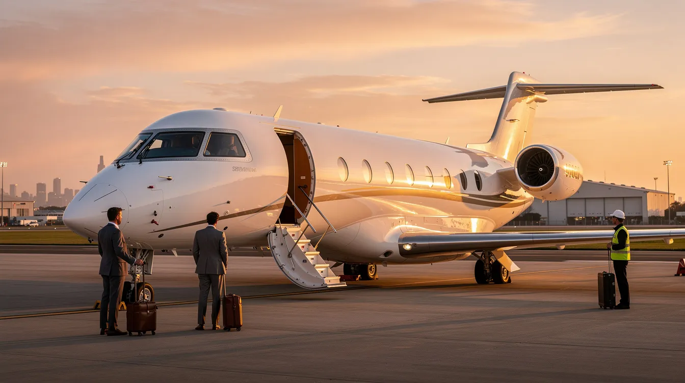The image depicts a sleek private jet on a tarmac at a smaller airport, showcasing its spacious cabin designed for passenger comfort. This aircraft model, part of a charter operator's fleet, is ideal for corporate events and international flights, offering significant time savings and an all-inclusive experience tailored to clients' needs.