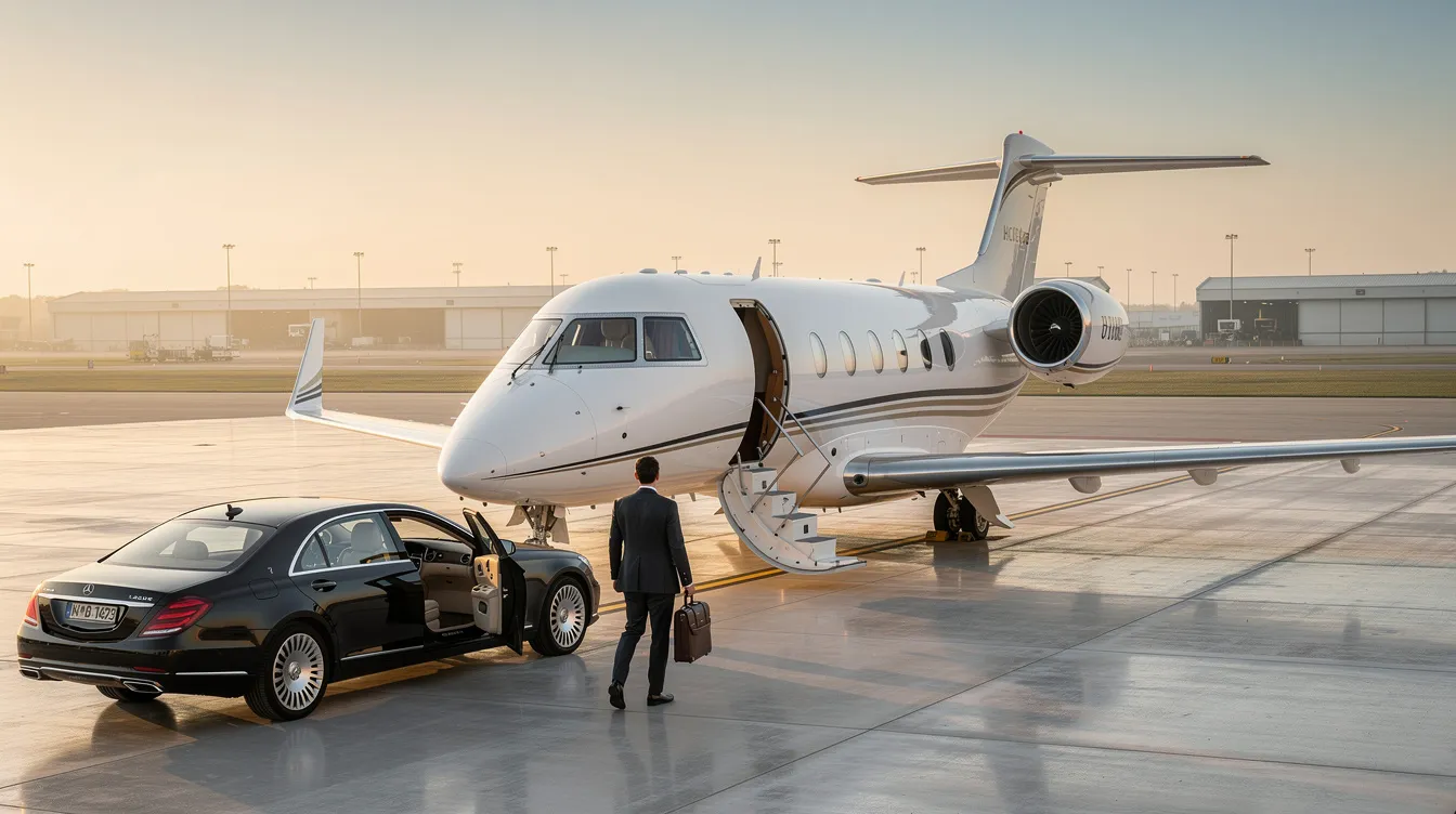 The image showcases a luxurious private jet interior, featuring a spacious three-zone cabin designed for maximum comfort. The elegant cabin includes ample room for passengers, fine dining amenities, and personalized service, making it ideal for both business meetings and long haul flights.
