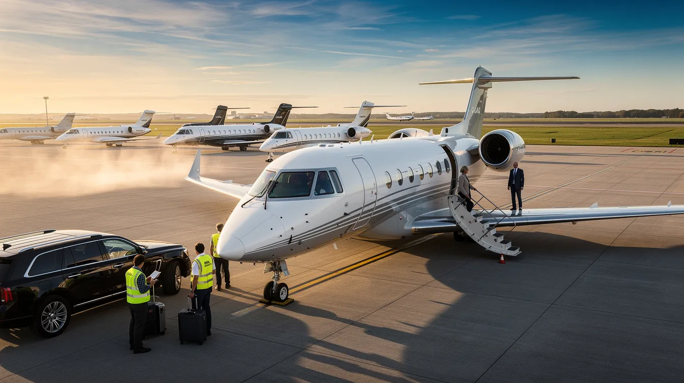 The image depicts a luxurious Gulfstream G550 private jet, featuring a spacious three-zone cabin designed for business executives. Two flight attendants are preparing onboard meals in the forward galley, showcasing the ultimate comfort and ample room available for passengers during their international travel.