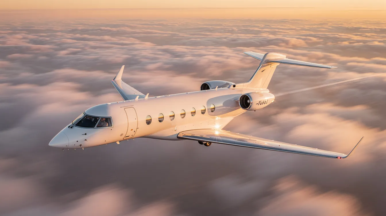 The image depicts a luxurious Gulfstream G550 private jet, showcasing its spacious three-zone cabin designed for business executives. Two flight attendants are ready to serve onboard meals, emphasizing the ultimate comfort and exceptional range of this ultra long-range aircraft, ideal for international travel and business meetings.