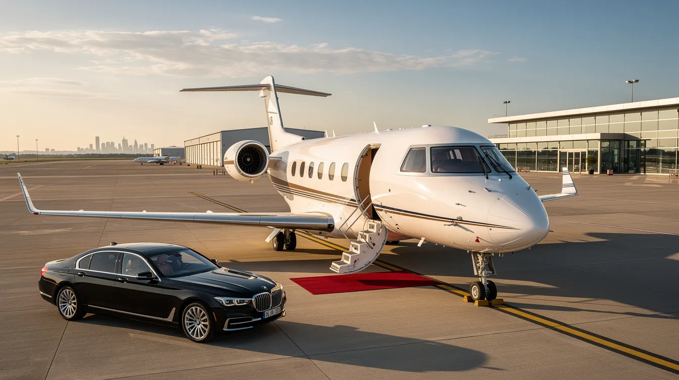 The image depicts a sleek private jet parked at a private terminal, showcasing the luxurious experience of private aviation. With spacious seating and personalized service, this private jet offers an exclusive and comfortable travel option for discerning travelers, bypassing crowded terminals and long security lines.