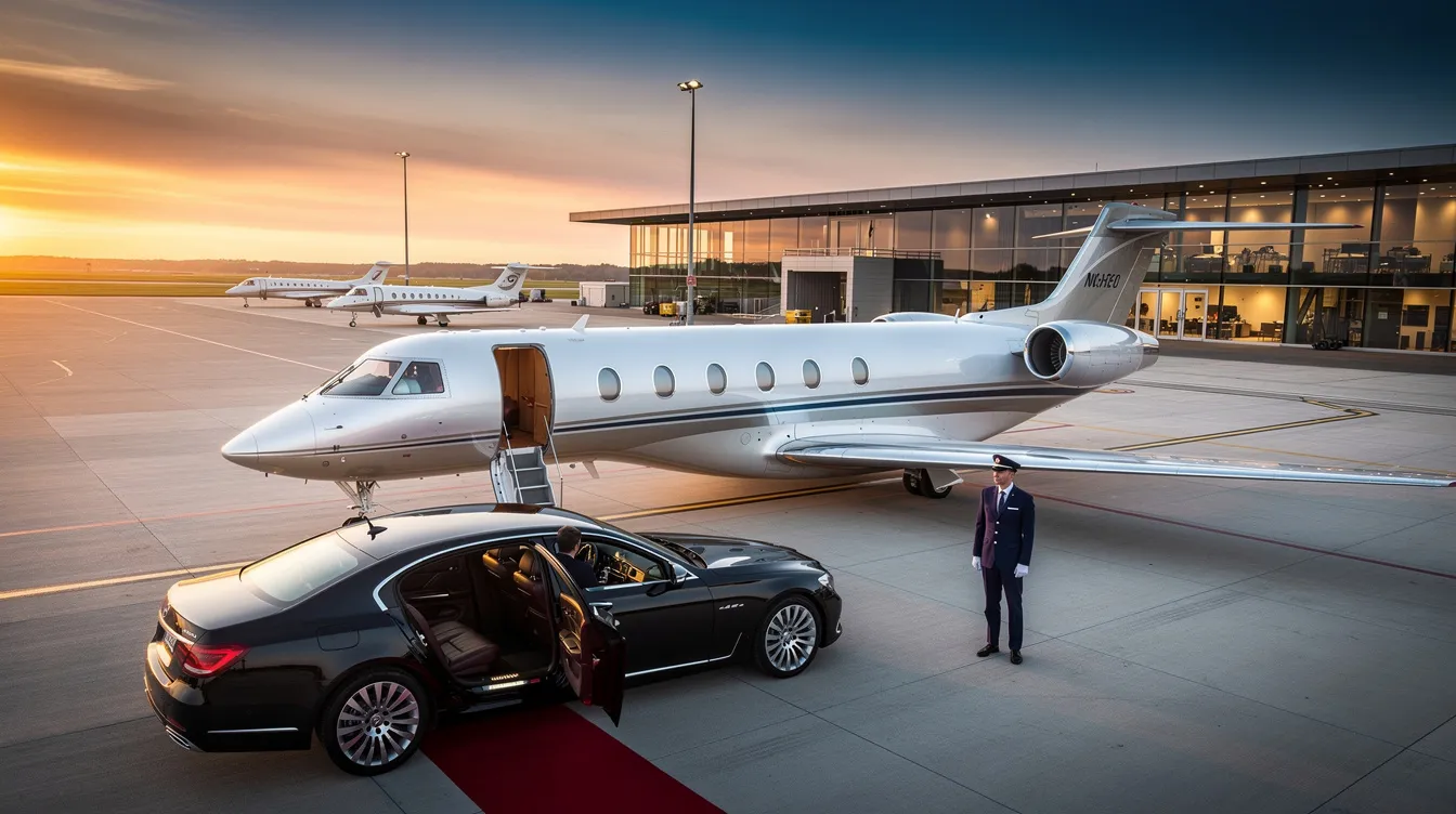 The image depicts a sleek private jet parked at a private terminal, showcasing the luxurious experience of private aviation. With spacious seating and personalized service, this private jet offers an exclusive and comfortable travel option for discerning travelers, bypassing crowded terminals and long security lines.