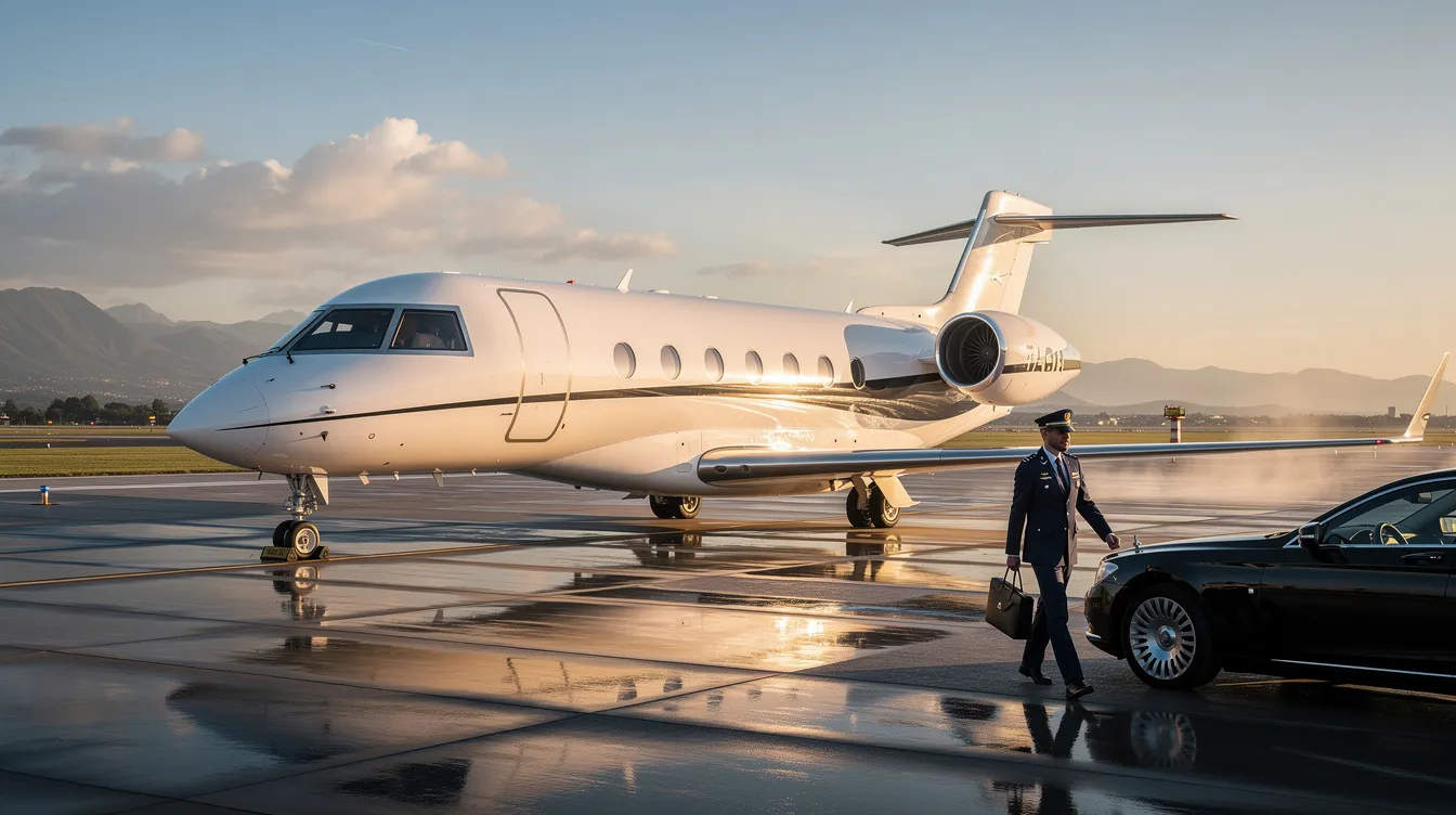The image depicts a sleek private jet on the tarmac, representing the luxury and convenience of private aviation. This aircraft symbolizes the innovative business model of Surf Air, which offers demand charter flights and an all-you-can-fly membership program for travelers looking to connect to various destinations across California and beyond.
