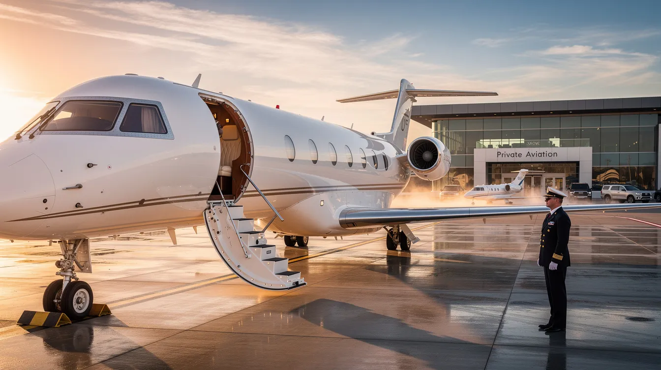 The image depicts a sleek private jet on the tarmac, representing the luxury and convenience of private aviation. This aircraft symbolizes the innovative business model of Surf Air, which offers demand charter flights and an all-you-can-fly membership program for travelers looking to connect to various destinations across California and beyond.