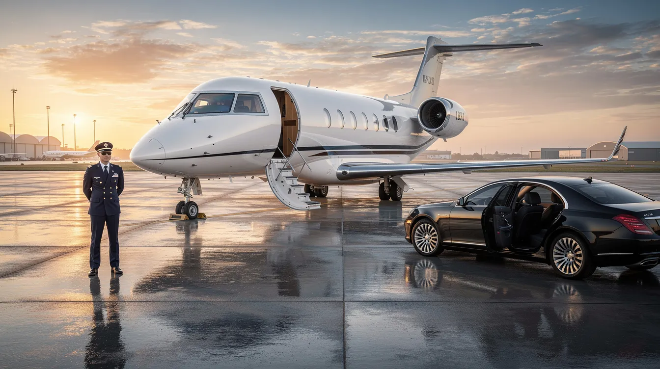 The image depicts a luxurious private jet parked at a private terminal, showcasing the elegance of private aviation. This mode of travel offers significant savings through empty leg flights and provides business travelers with exceptional customer service and flexible scheduling options.