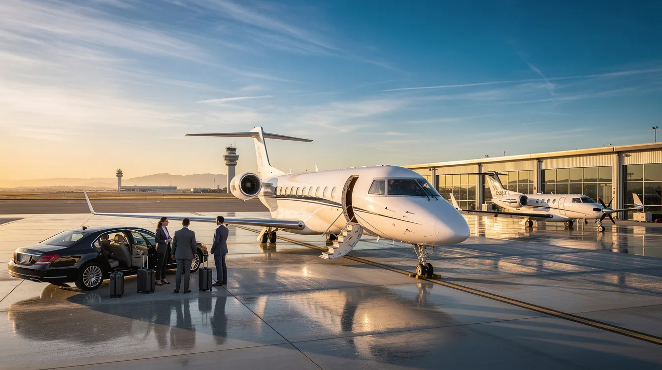 The image depicts a luxurious private jet parked at a private terminal, showcasing the elegance of private aviation. This mode of travel offers significant savings through empty leg flights and provides business travelers with exceptional customer service and flexible scheduling options.