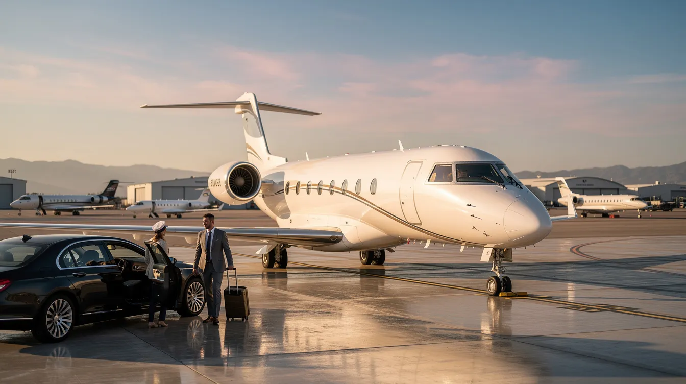 The image showcases a sleek private jet parked at a modern airport, symbolizing the future of private aviation and advanced air mobility. It represents companies like Surf Air, which are transforming the aviation industry with demand charter flights and innovative technology for seamless travel experiences.