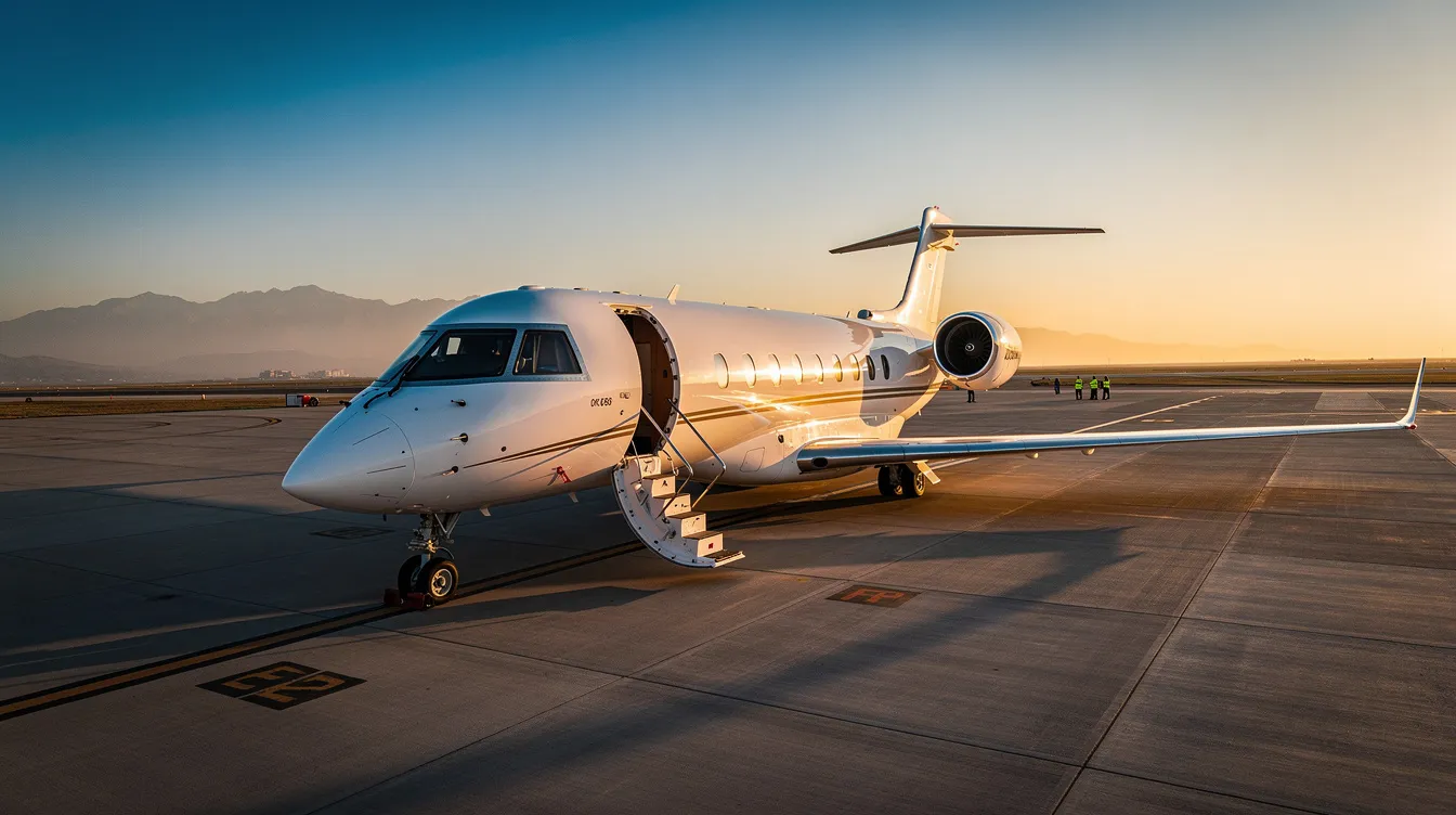 The image showcases a sleek private jet parked at a modern airport, symbolizing the future of private aviation and advanced air mobility. It represents companies like Surf Air, which are transforming the aviation industry with demand charter flights and innovative technology for seamless travel experiences.