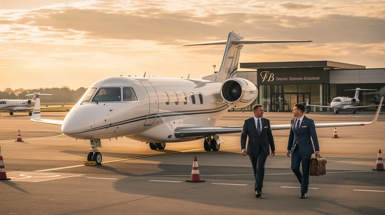 The image depicts a sleek private jet parked at a modern hangar, symbolizing the concept of aircraft co-ownership. Various individuals, representing co-owners, are engaged in discussions about their co-ownership agreement, highlighting the shared responsibilities and financial obligations involved in private aviation.
