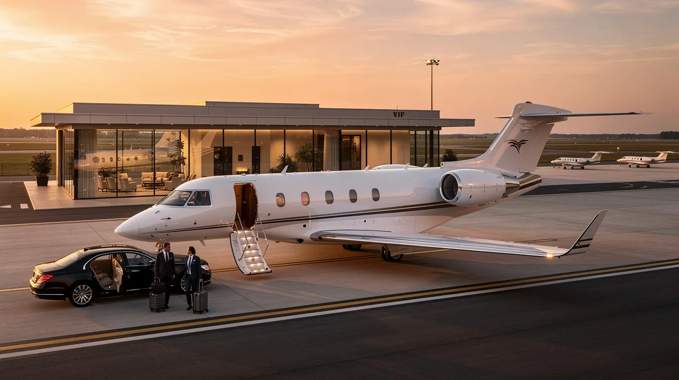 The image depicts a sleek private jet parked at a modern hangar, symbolizing the concept of aircraft co-ownership. Various individuals, representing co-owners, are engaged in discussions about their co-ownership agreement, highlighting the shared responsibilities and financial obligations involved in private aviation.