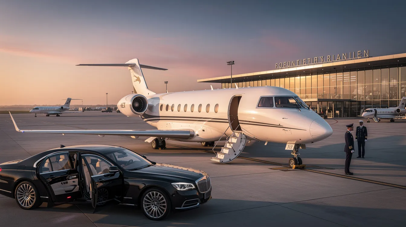 The image depicts a luxurious private aviation experience, showcasing a sleek aircraft designed for stress-free travel from Las Vegas to Orange County. Inside, passengers enjoy comfortable seating, complimentary snacks, and attentive flight attendants, embodying the innovative spirit of JSX, a so-called luxury airline that disrupts legacy carriers.