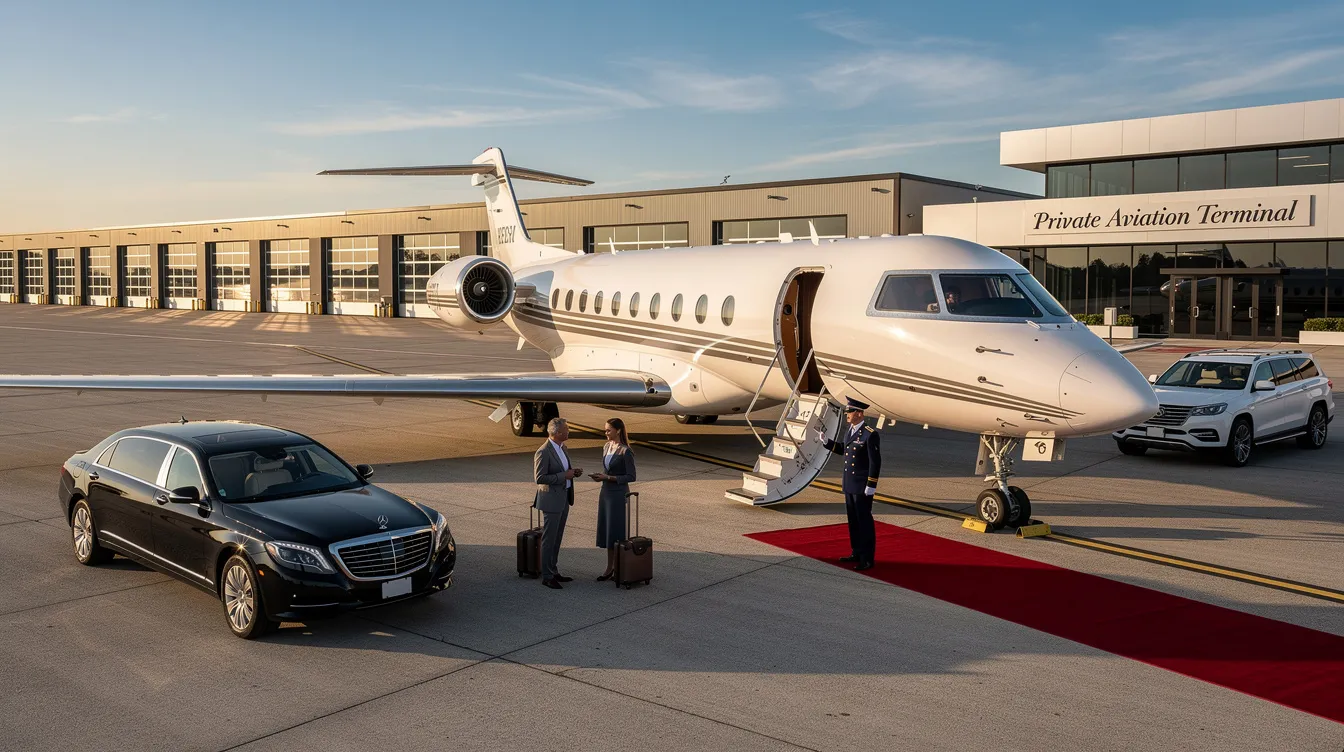 The image depicts a sleek private jet parked at a small airport, showcasing the luxury and convenience of private aviation. This aircraft represents the ideal option for passengers seeking private charter flights, offering a comfortable travel experience without the long security lines typical of commercial flights.