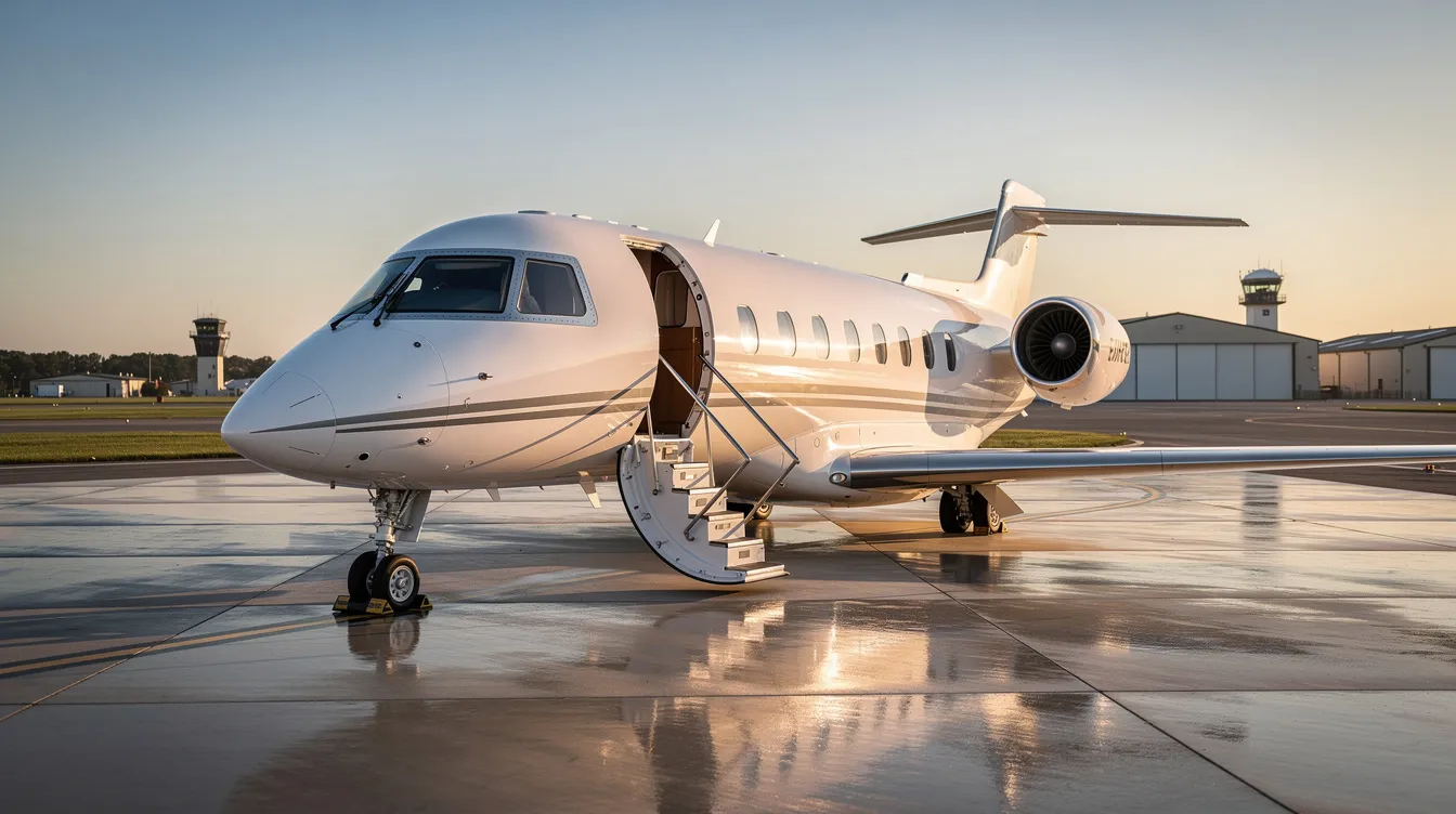 The image depicts a sleek private jet parked at a small airport, showcasing the luxury and convenience of private aviation. This aircraft represents the ideal option for passengers seeking private charter flights, offering a comfortable travel experience without the long security lines typical of commercial flights.