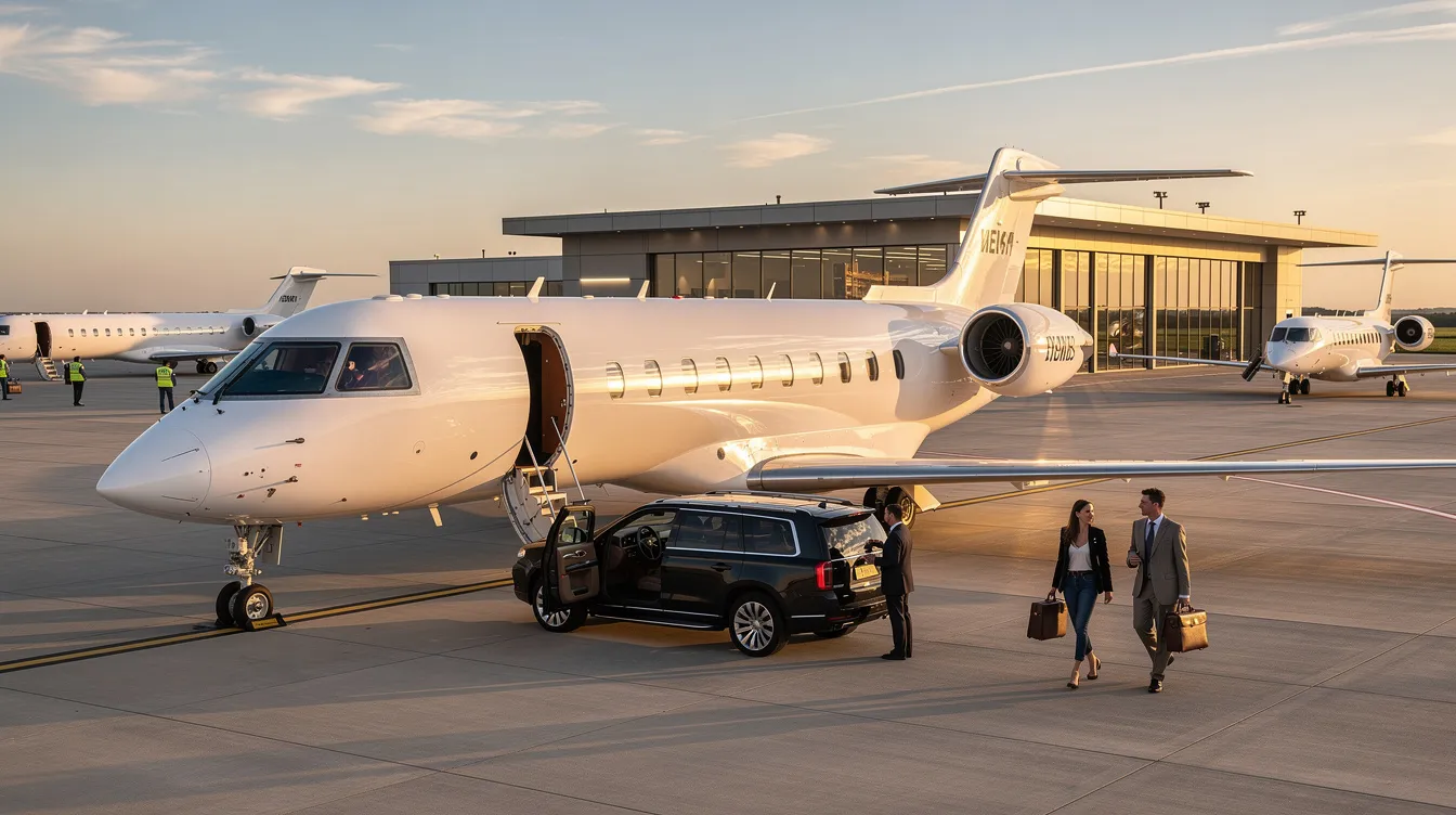 The image depicts a sleek private jet on a runway, symbolizing the world of private aviation. It highlights the exceptional customer service and personalized solutions offered by rental companies, catering to modern travelers seeking a seamless booking experience for their private travel needs.