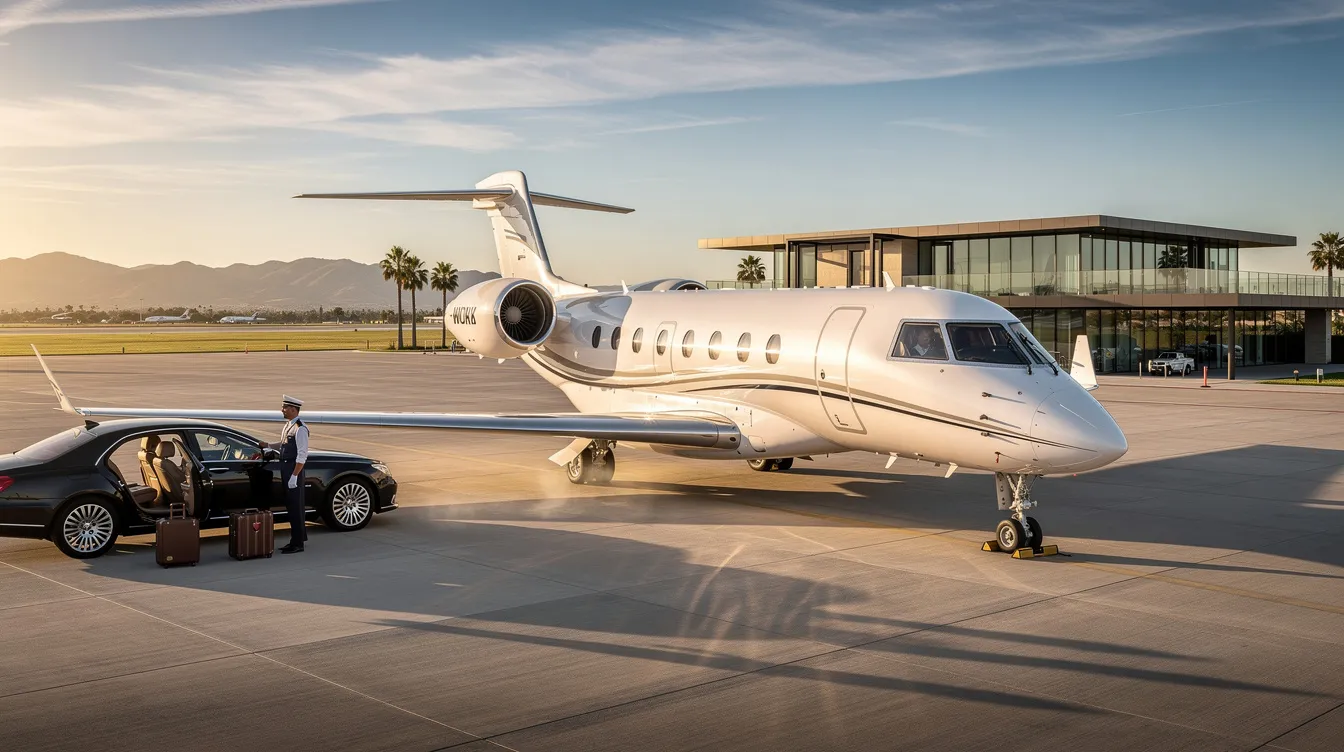 The image depicts a sleek private jet on a runway, symbolizing the world of private aviation. It highlights the exceptional customer service and personalized solutions offered by rental companies, catering to modern travelers seeking a seamless booking experience for their private travel needs.