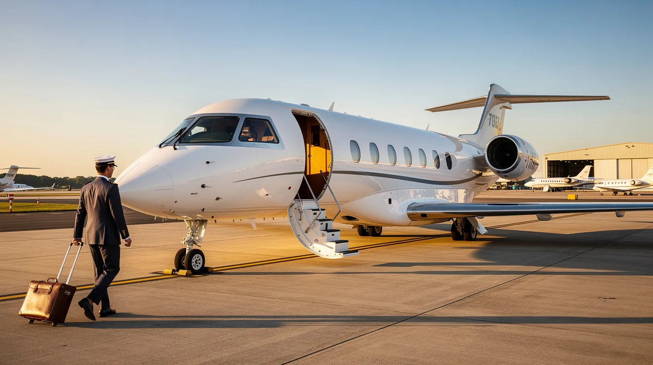 The image depicts a sleek private jet parked at a modern airport, showcasing its luxurious interiors and advanced safety features. This aircraft rental option is ideal for weekend getaways, accommodating up to four passengers while highlighting the convenience of private aviation for cross country flights.