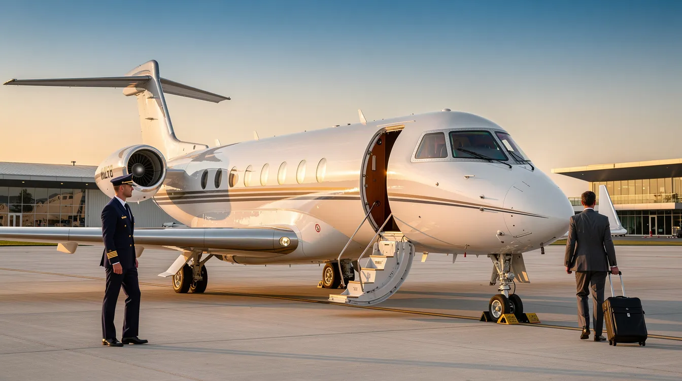 The image depicts a sleek private jet parked at a modern airport, showcasing its luxurious interiors and advanced safety features. This aircraft rental option is ideal for weekend getaways, accommodating up to four passengers while highlighting the convenience of private aviation for cross country flights.