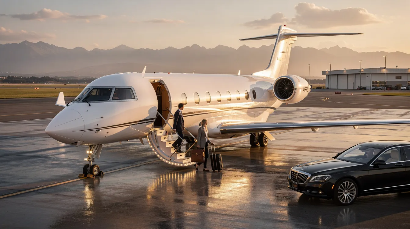 The image showcases a sleek private jet parked at Austin Bergstrom International Airport, highlighting its advanced avionics and impressive range. This scene represents the world of private aviation, where experienced pilots and flight instructors offer training and charter flights for those seeking a private flight experience.