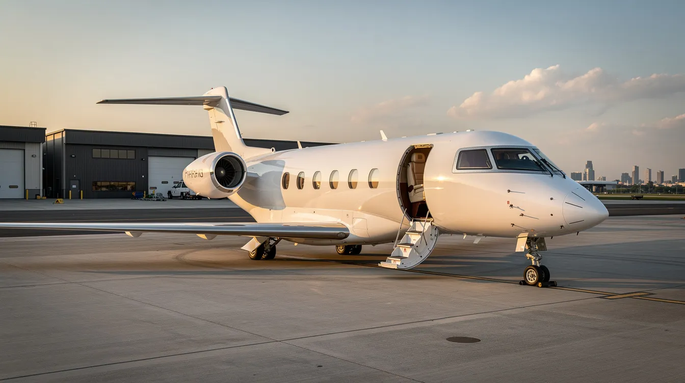 The image showcases a luxurious private jet interior, featuring spacious seating with flat bed seats and elegant decor, perfect for those seeking first class flight experiences. This setting highlights the comfort and exclusivity of private aviation, ideal for travelers heading to destinations like New York JFK Airport.