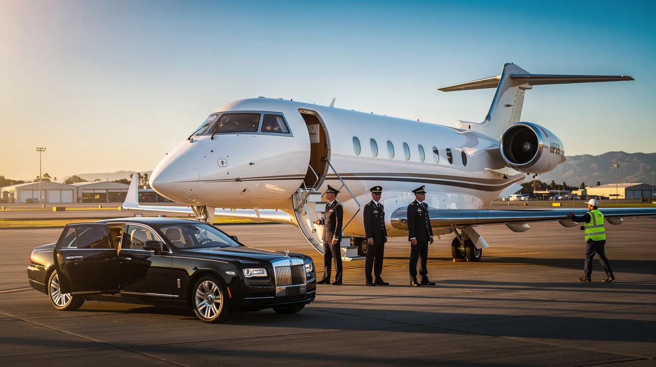 The image depicts a luxurious private jet parked at a South Florida airport, showcasing its sleek design and premium aircraft features. This private jet charter company offers tailored services for leisure travel and business trips, ensuring a comfortable journey to various destinations like Fort Lauderdale and Boca Raton.