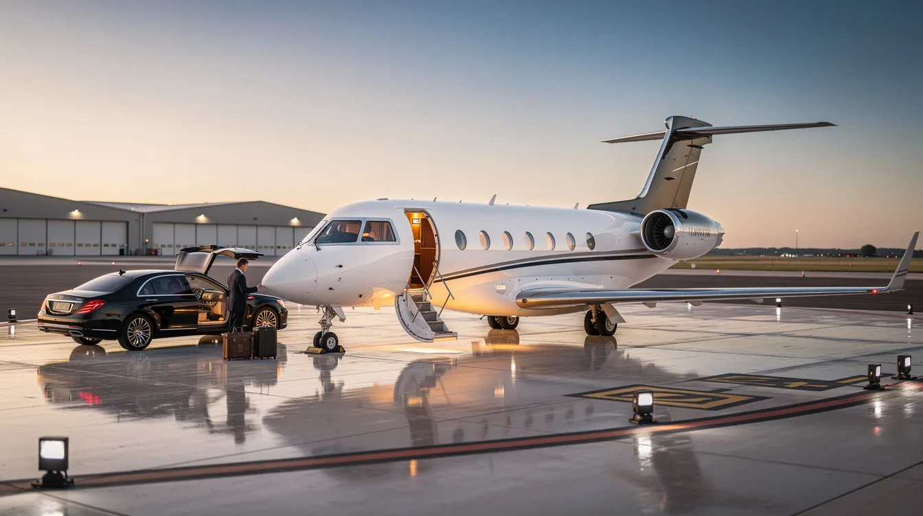The image depicts a luxurious private jet at a modern airport, showcasing the ease and elegance of private aviation. In the background, the bustling city center of Florence can be seen, hinting at the availability of direct flights to Florence Peretola Airport and popular airlines flying to this cultural destination.