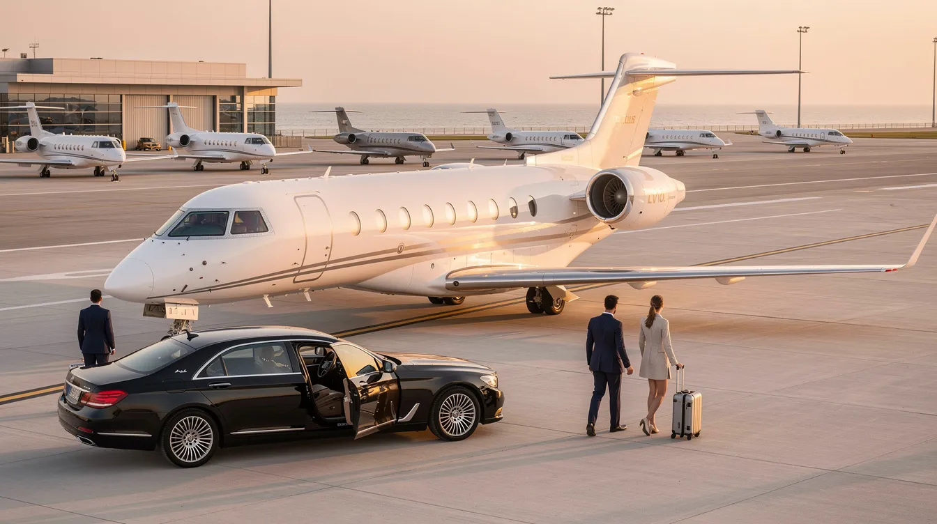 The image depicts a sleek private jet parked at the Naples Municipal Airport, showcasing the latest technology and amenities for a luxurious travel experience. Passengers can enjoy the convenience of charter flights and exceptional aviation services provided by the Naples Jet Center, ensuring a comfortable and safe journey in Southwest Florida.