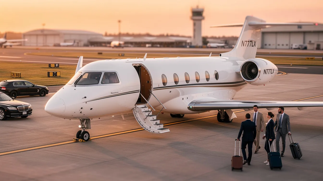 The image depicts a sleek private jet parked at the Naples Municipal Airport, showcasing the latest technology and amenities for a luxurious travel experience. Passengers can enjoy the convenience of charter flights and exceptional aviation services provided by the Naples Jet Center, ensuring a comfortable and safe journey in Southwest Florida.