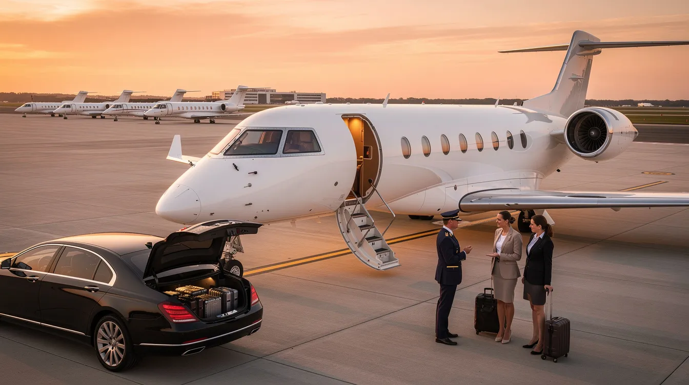 The image depicts a sleek private jet ready for takeoff at an airport, showcasing the luxury of private aviation. It highlights the convenience of private jet travel, particularly for flights from Miami to Orlando, catering to small groups seeking an exclusive flying experience.